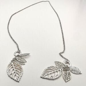 Vintage Y2K Silver Tone Multi Leaf Charm Lariat Necklace Boho Nature Jewelry